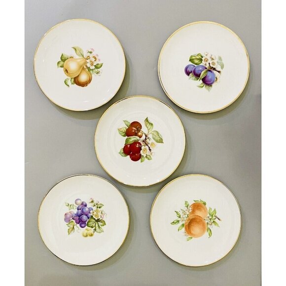 Vintage Hutschenreuther Selb Bavaria Set 5 Fruit Orchard Dessert Plates 8” Gold - Picture 9 of 9